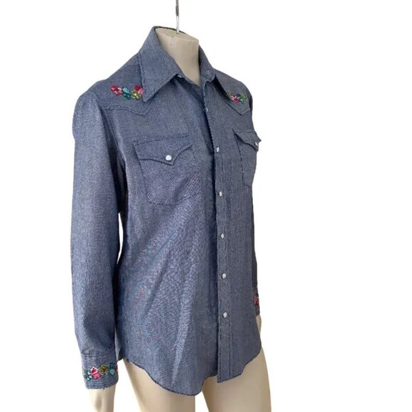 VTG 70s Floral Embroidered Pearl Snap Western Shirt  READ DESCRIPTION SZ L SLIM - Picture 4 of 9